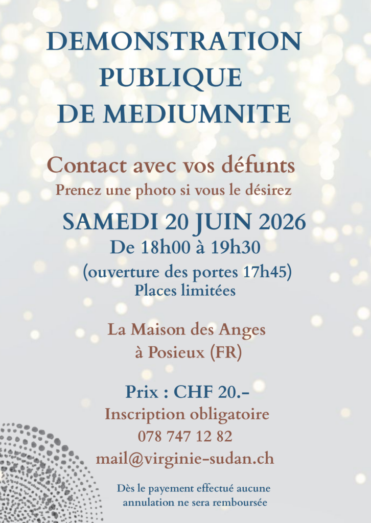Démonstration publique de Médiumnité le 20 juin de 18h00 à 19h30